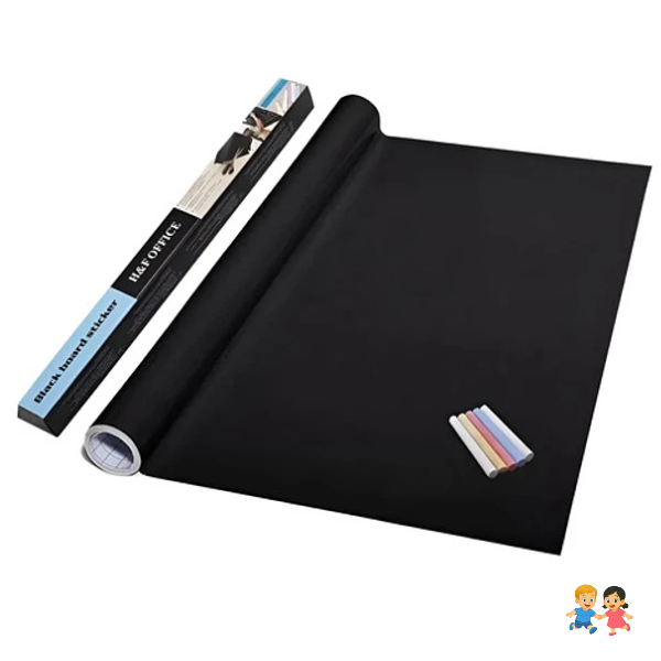 Pizarra Adhesiva Papel Sticker Negro +tizas Colores 45x200cm.