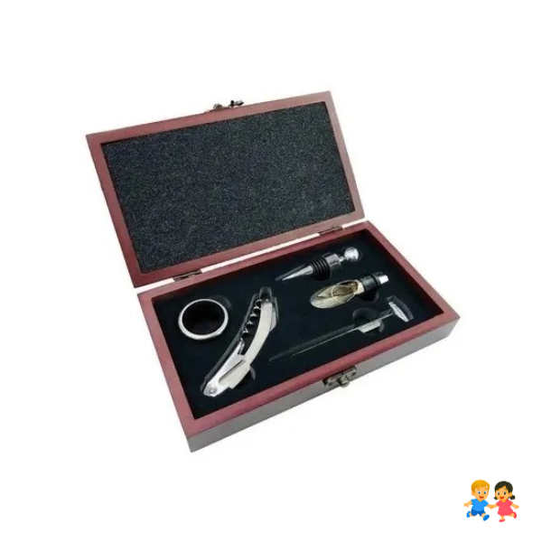 Set Descorchador De Vinos Acero Caja Madera 5 Piezas.