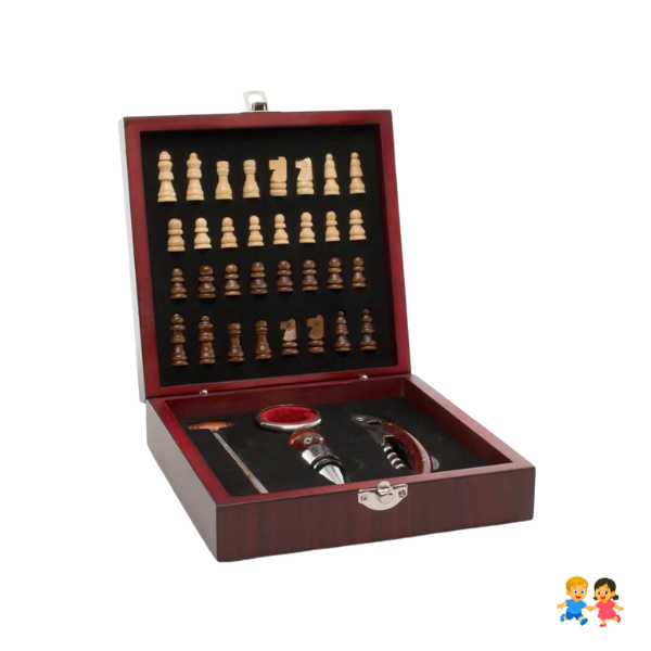 Caja De Madera De Ajedrez  y 4 Accesorios Set De Vino