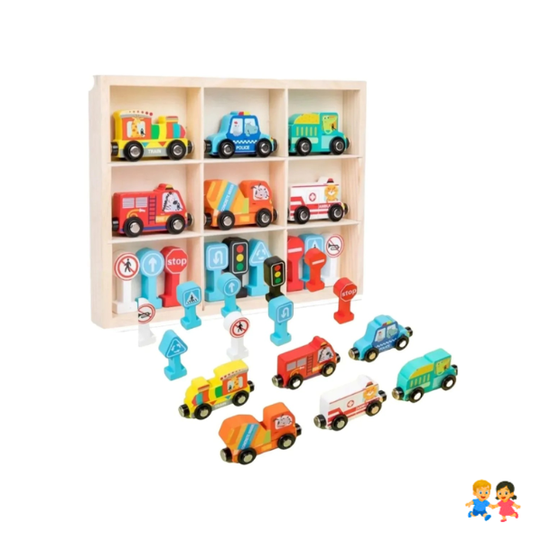 Set 6 Vehículos Madera Con Imanes Señales De Tránsito Y Caja
