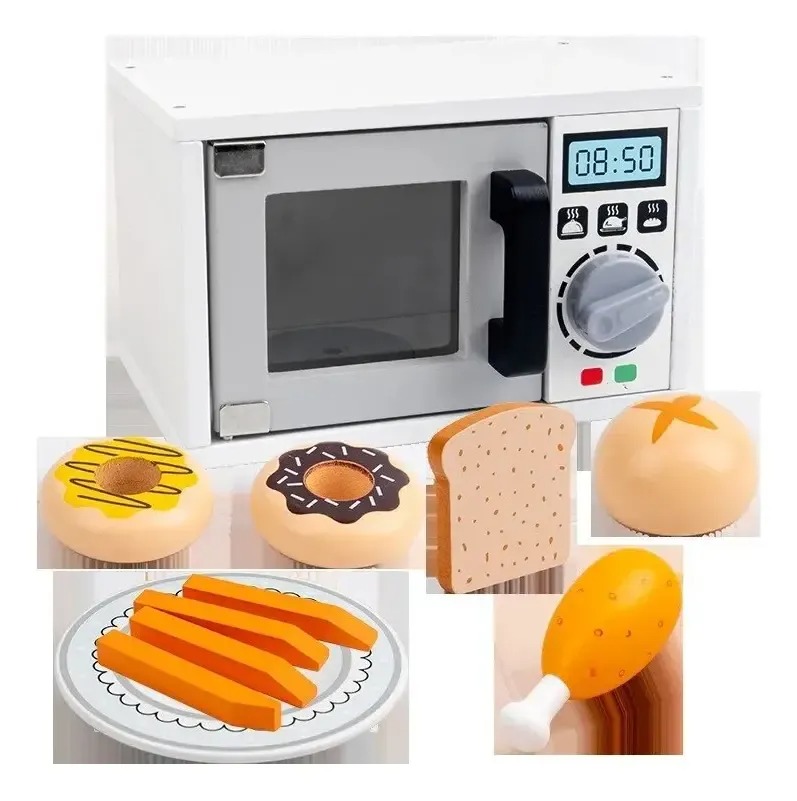 Microondas Juguete Con Alimentos Madera Para Niños