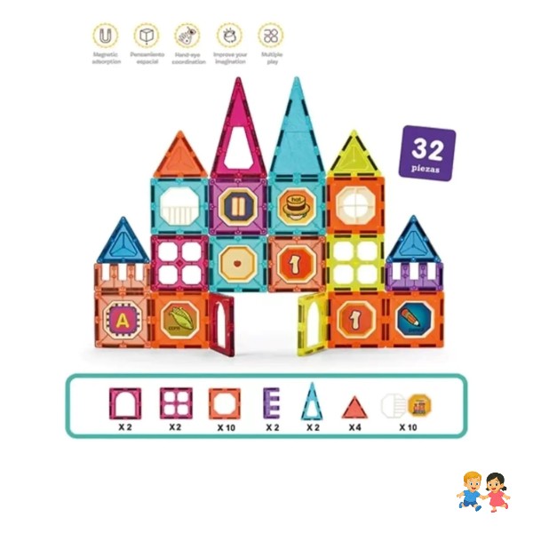 Juego De Construcción Magnético Imán Bloques Niños 32pzs.