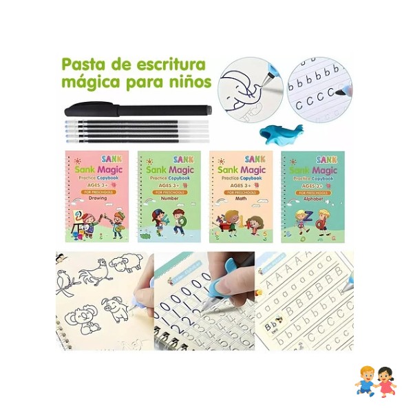 Set 4 Cuadernos Mágicos Caligrafía Aprendizaje Reutilizable.