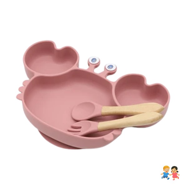 Plato Para Bebé Silicona Diseño Cangrejo Con Set Cubiertos.