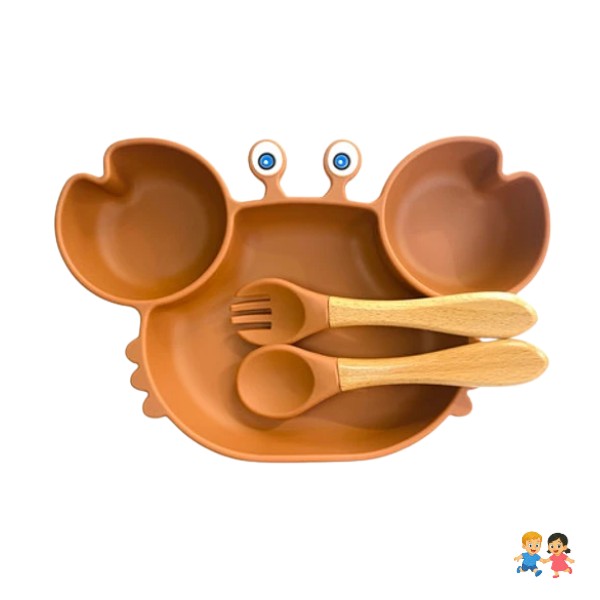 Plato Para Bebé Silicona Diseño Cangrejo Con Set Cubiertos.