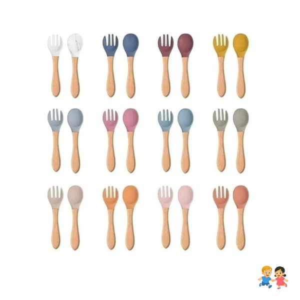 Cuchara Tenedor Silicona Mango Madera Bebé Comida.