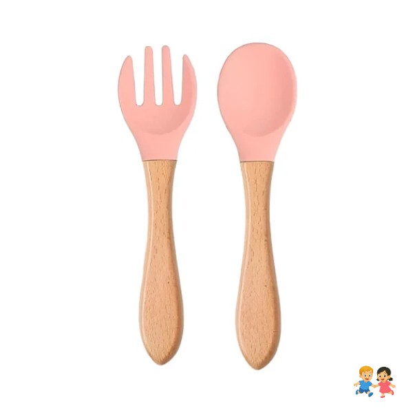 Cuchara Tenedor Silicona Mango Madera Bebé Comida.
