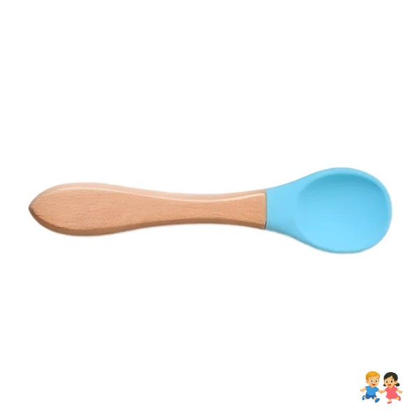 Cuchara Tenedor Silicona Mango Madera Bebé Comida.