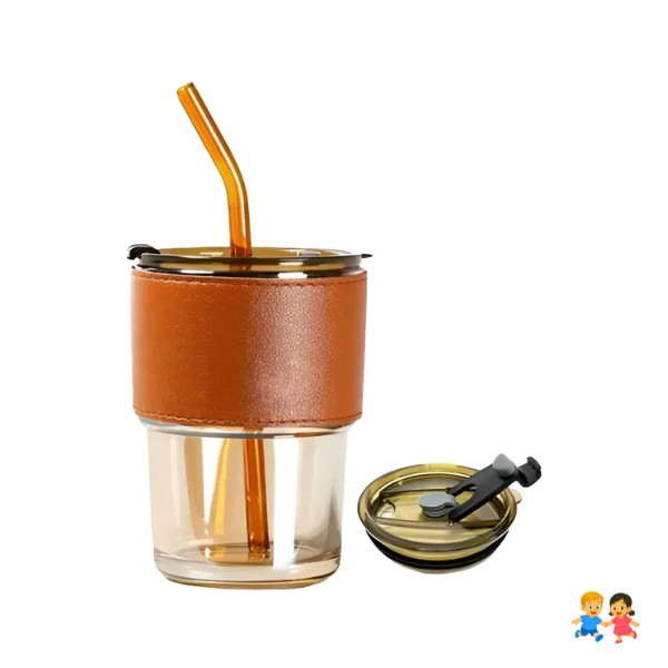 Vaso Taza De Vidrio Con Tapa Hermética Y Bombilla 400 Ml.