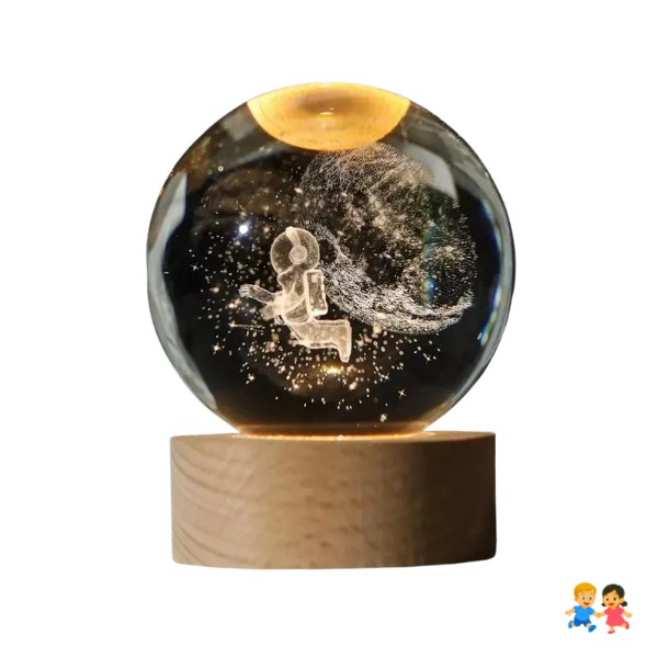 Esfera De Cristal Y Madera Con Blanca Astronauta Lunar.
