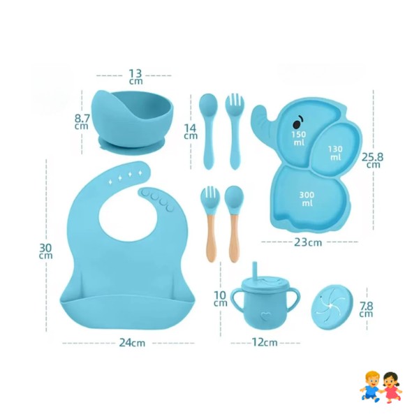 Set Alimentación Silicona Bebe 10 Piezas Antideslizante Elefante.