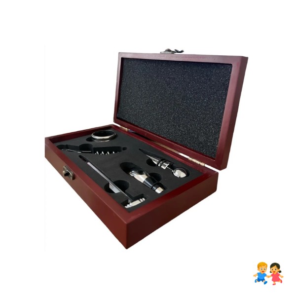 Set Descorchador De Vinos Acero Caja Madera 5 Piezas.