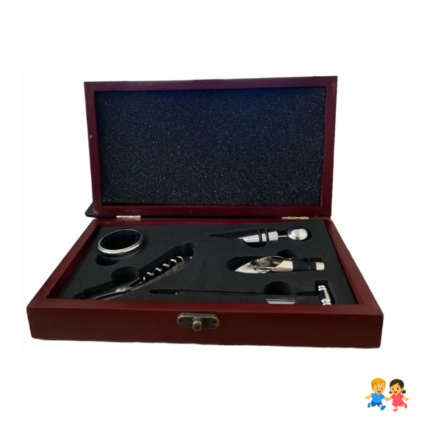 Set Descorchador De Vinos Acero Caja Madera 5 Piezas.