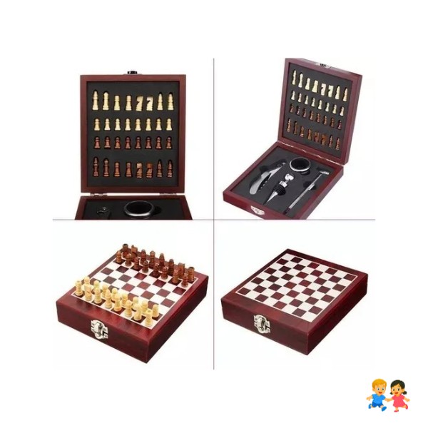 Caja De Madera De Ajedrez  y 4 Accesorios Set De Vino