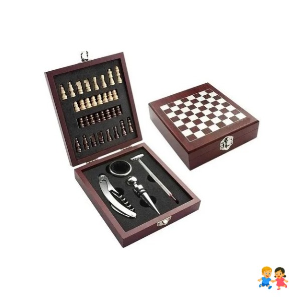 Caja De Madera De Ajedrez  y 4 Accesorios Set De Vino