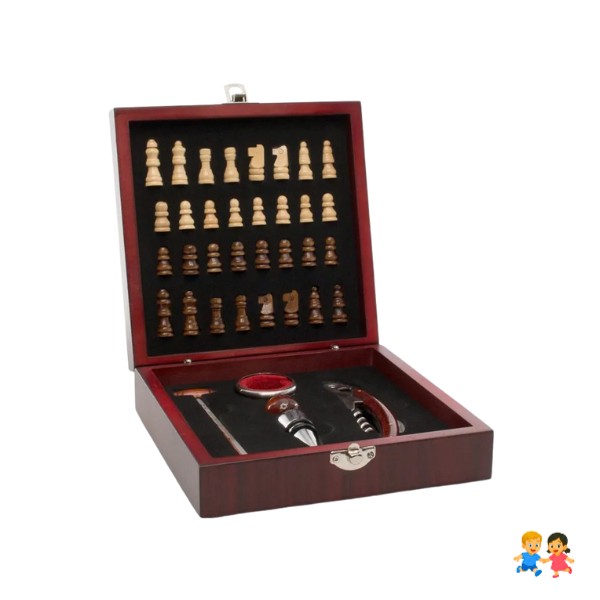 Caja De Madera De Ajedrez  y 4 Accesorios Set De Vino