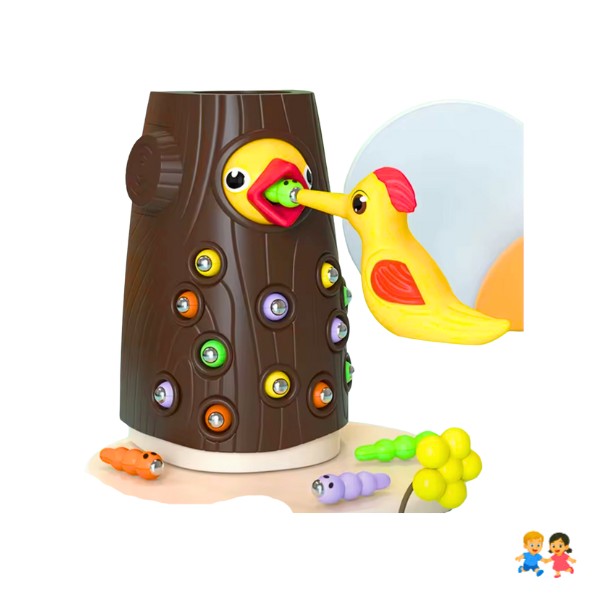 Juego Encaje Montessori Motricidad Pájaro Carpintero Tronco Pájaro Amarillo