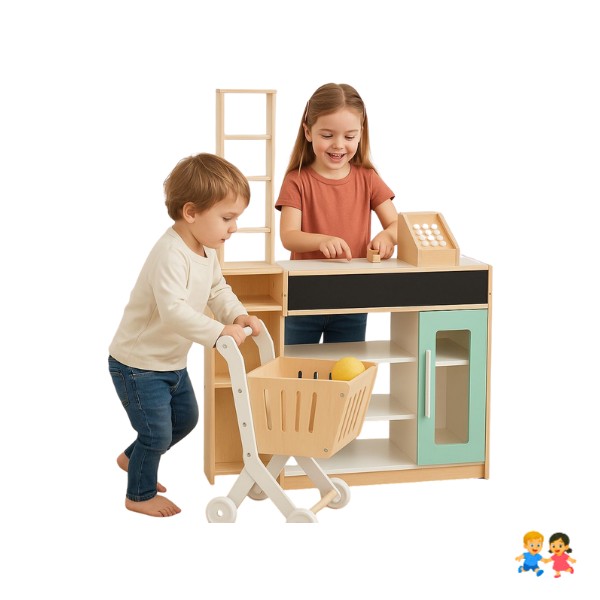 Supermercado De Madera Didáctico Para Niños + Carrito De Compras