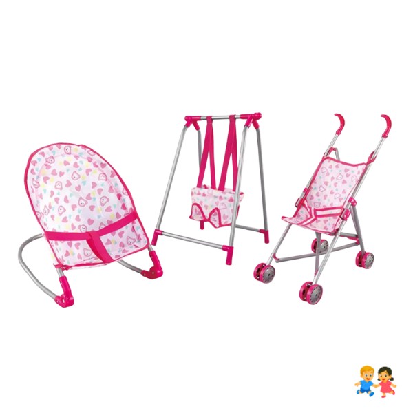 Set Juego 3 En 1 Con Muñeca, Silla, Columpio Y Coche