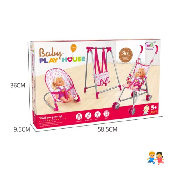 Set Juego 3 En 1 Con Muñeca, Silla, Columpio Y Coche