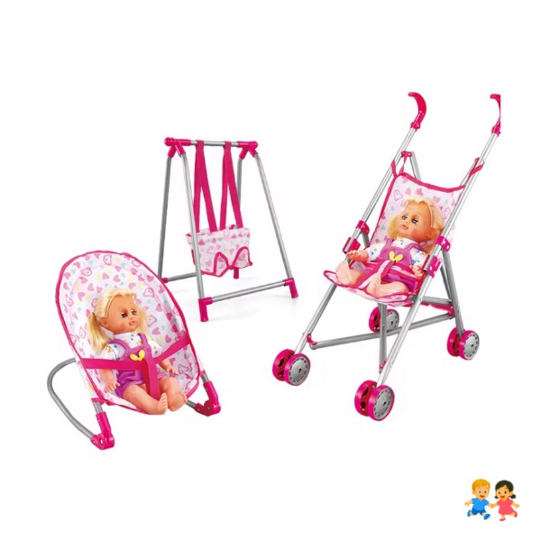 Set Juego 3 En 1 Con Muñeca, Silla, Columpio Y Coche