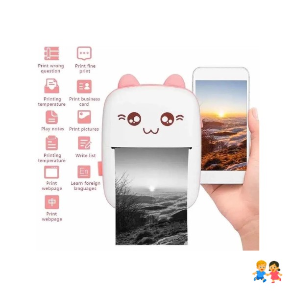 Mini Impresora Térmica Portátil Bluetooth Gatito + 1 Rollo Blanco