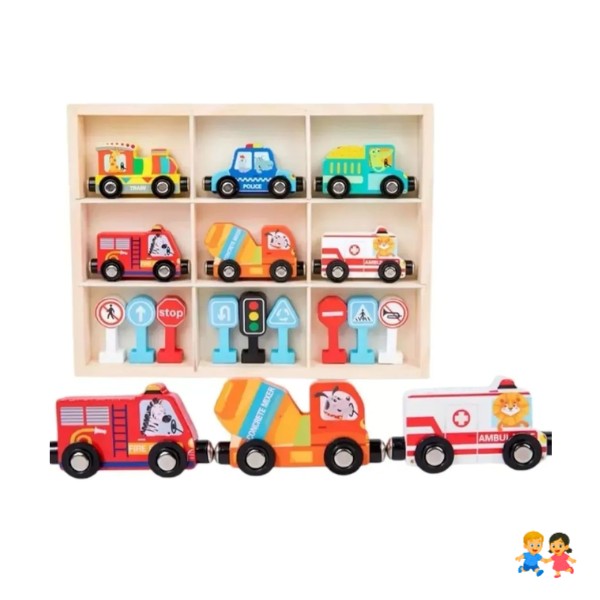Set 6 Vehículos Madera Con Imanes Señales De Tránsito Y Caja