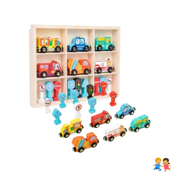 Set 6 Vehículos Madera Con Imanes Señales De Tránsito Y Caja