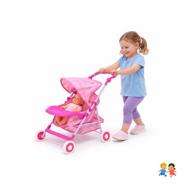 Coche Para Muñecas Plegable Rosado Con Canasto