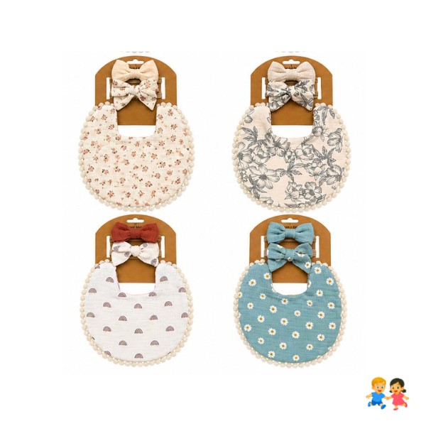 Set Babero + 2 Cintillos Bebé Niña Algodón Suave Varios Colores