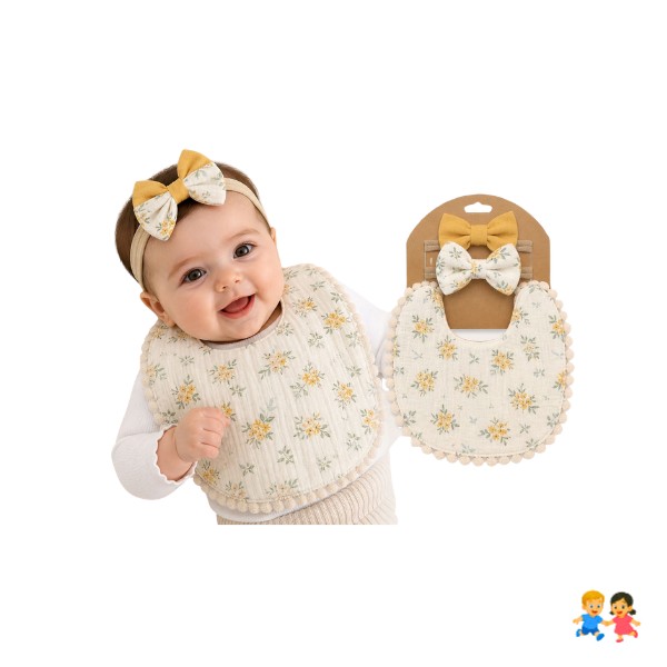 Set Babero + 2 Cintillos Bebé Niña Algodón Suave Varios Colores