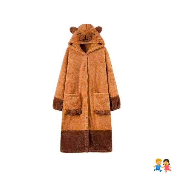 Bata Polar Capucha Oso Unisex Invierno Café